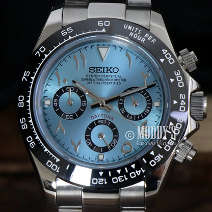 Seiko VK63 hybrid mod Daytona watch with Arabic ice blue dial