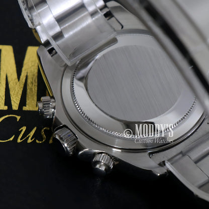 Seiko VK63 hybrid mod Daytona: silver stainless steel chronograph watch with black dial, bezel, water resistance