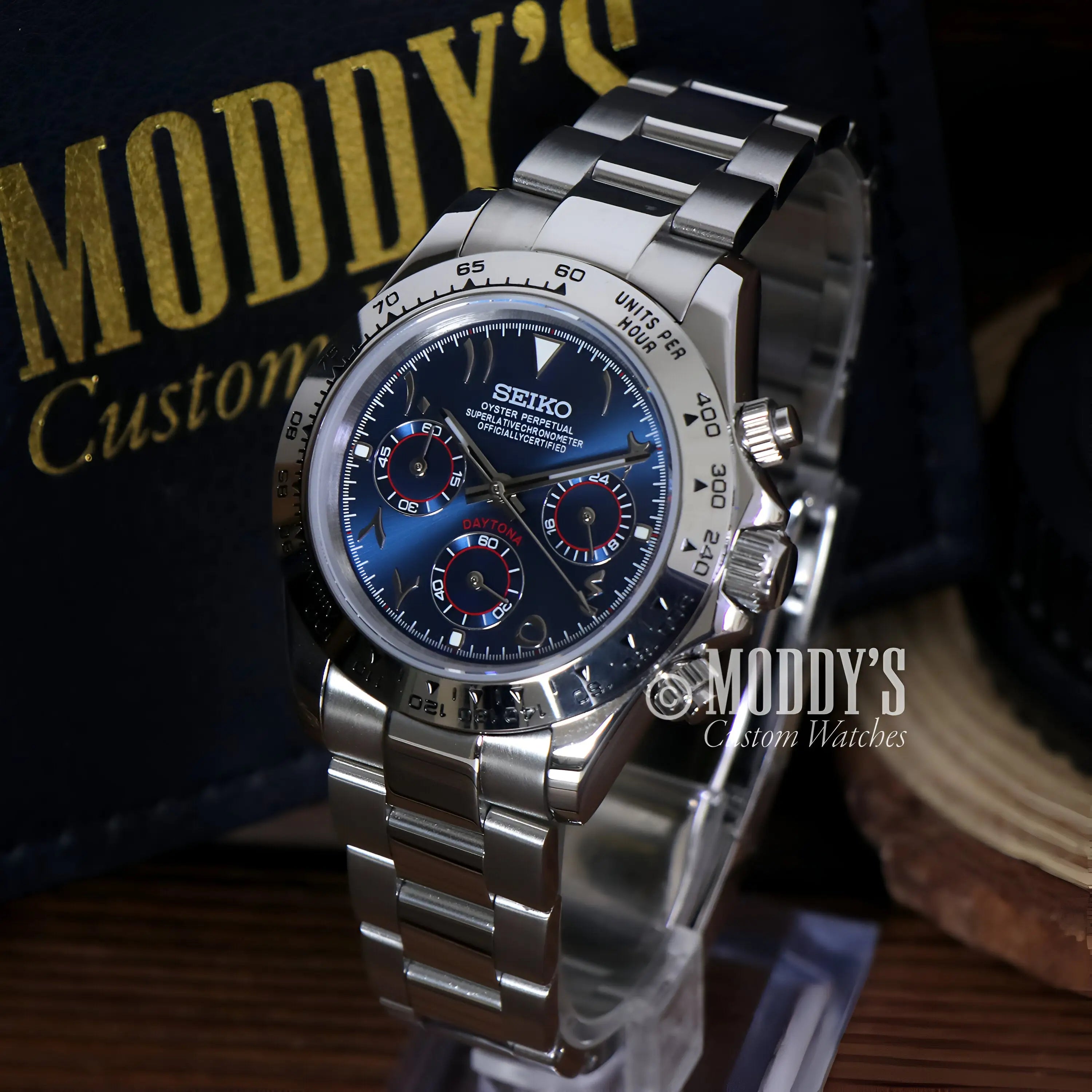 Seiko VK63 Hybrid mod Daytona with blue dial and stainless steel bracelet