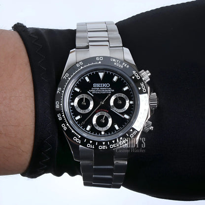 Seiko VK63 Hybrid Mod Daytona with black dial and silver accents