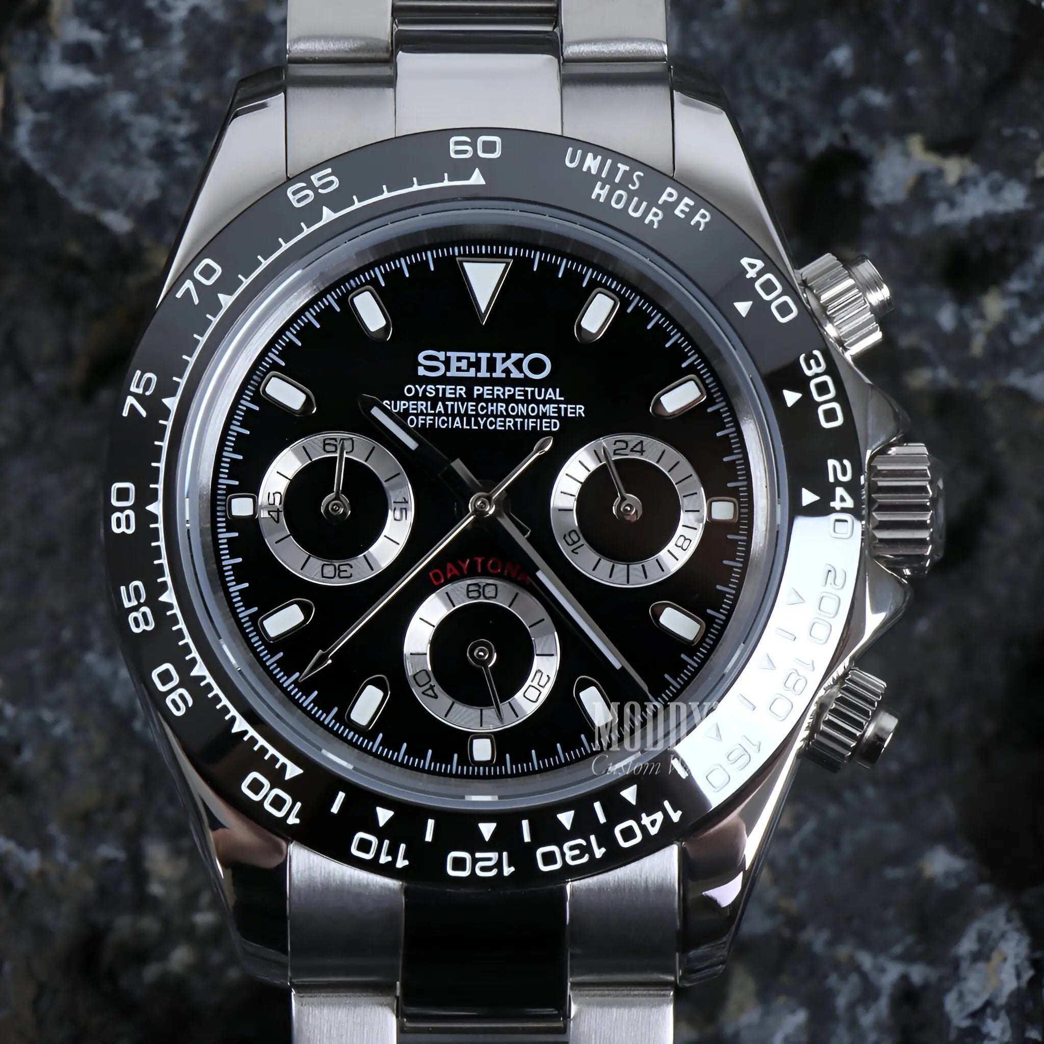 Seiko VK63 hybrid mod Daytona with black panda dial and silver accents