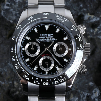 Seiko VK63 hybrid mod Daytona with black panda dial and silver accents