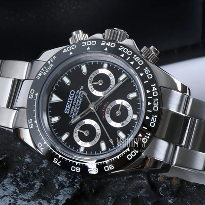 Seiko VK63 hybrid mod Daytona with black dial and silver accents