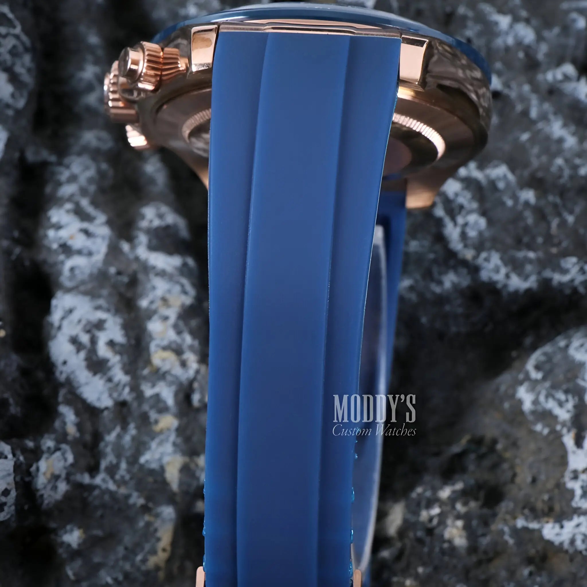 Seiko VK63 hybrid blue silicone watch band with rose gold accents for Seiko mod Daytona