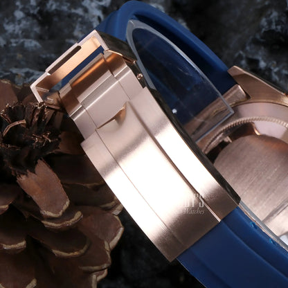 Seiko VK63 hybrid royal blue and rose gold watch with metallic strap