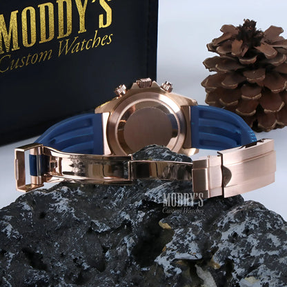 Seiko VK63 hybrid rose gold and blue Seiko mod Daytona watch with silicone strap