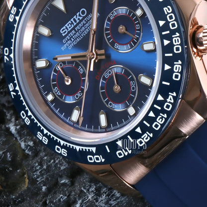 Seiko VK63 hybrid mod Daytona with royal blue dial and rose gold accents