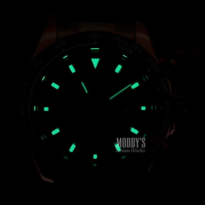 Luminous green Seiko VK63 hybrid watch with black face and brown strap