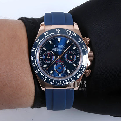 Seiko VK63 hybrid mod Daytona watch in royal blue with silicone strap