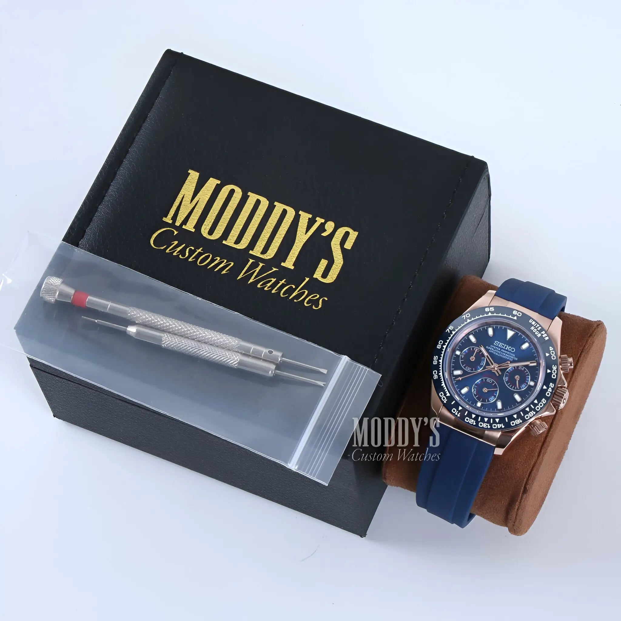 Seiko VK63 hybrid rose gold and blue chronograph watch with leather strap