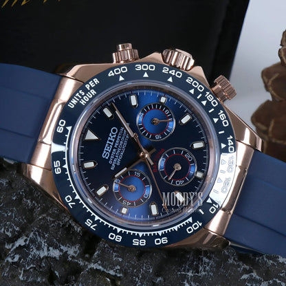Seiko VK63 hybrid mod Daytona watch in royal blue with rose gold case