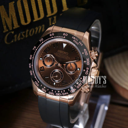 Seiko VK63 hybrid mod Daytona watch in rose gold with brown dial and black rubber strap