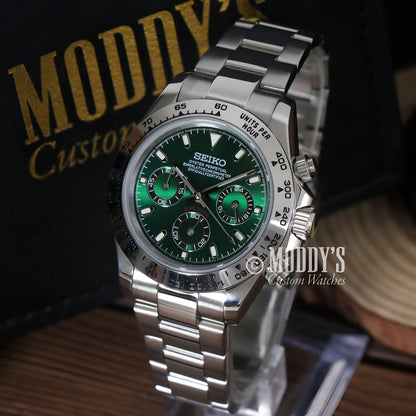 Seiko VK63 hybrid mod Daytona watch in green with stainless steel 316L band