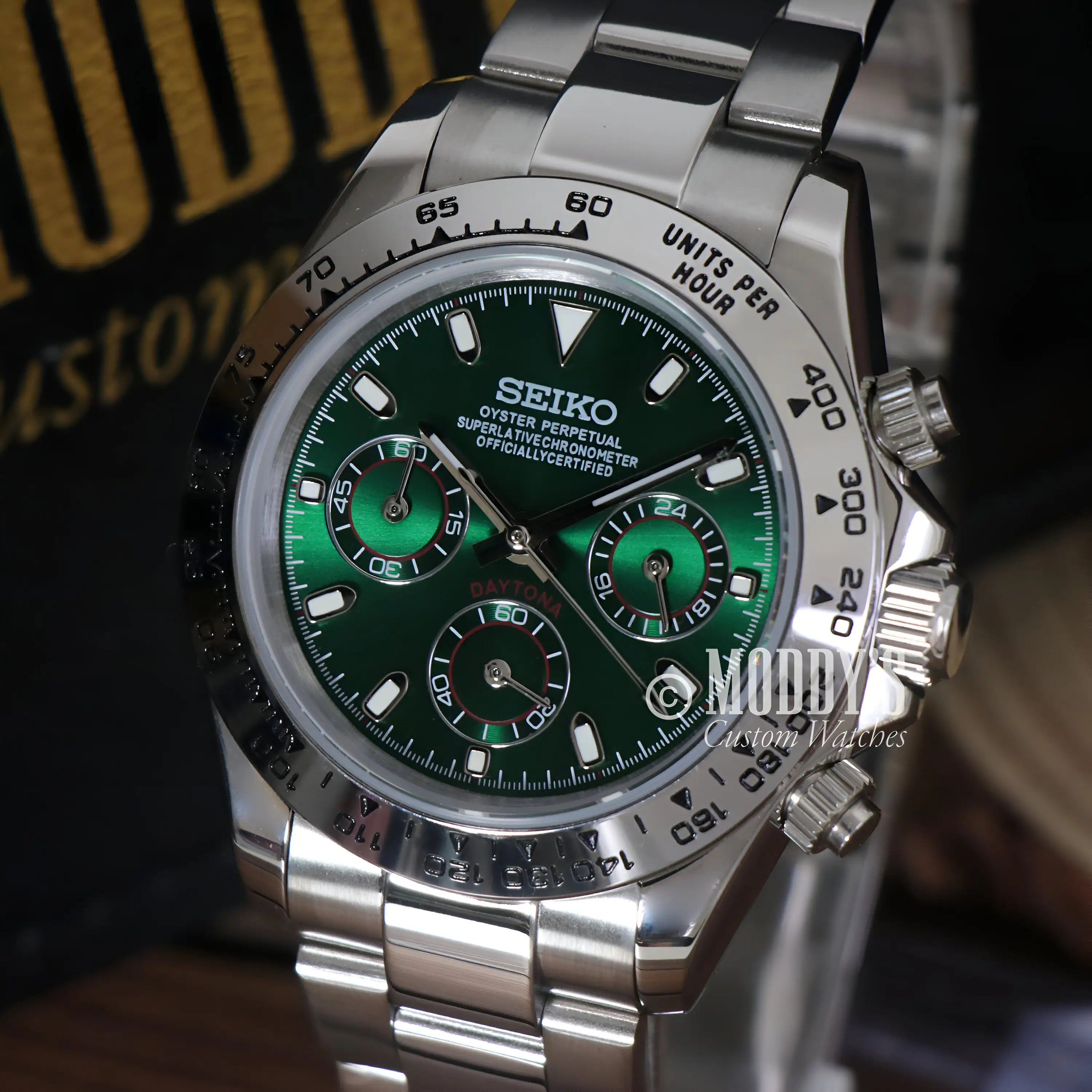 Green Seiko VK63 Hybrid Mod Daytona Watch with Stainless Steel 316L Band