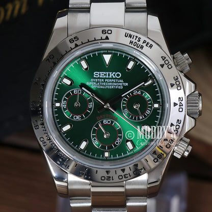 Seiko VK63 hybrid mod Daytona chronograph in green with stainless steel 316L band