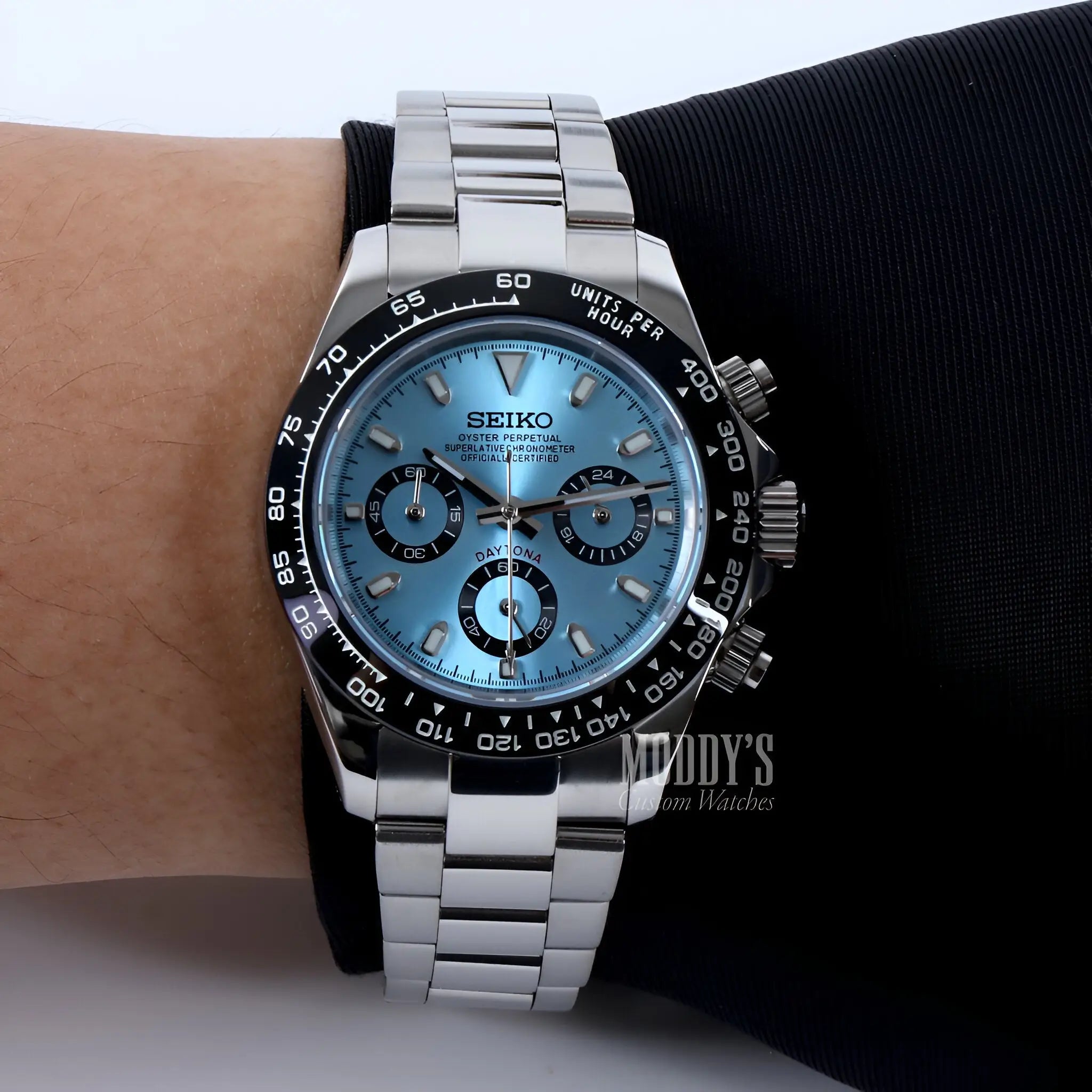 Seiko VK63 Hybrid Mod Daytona in Ice Blue with stainless steel case