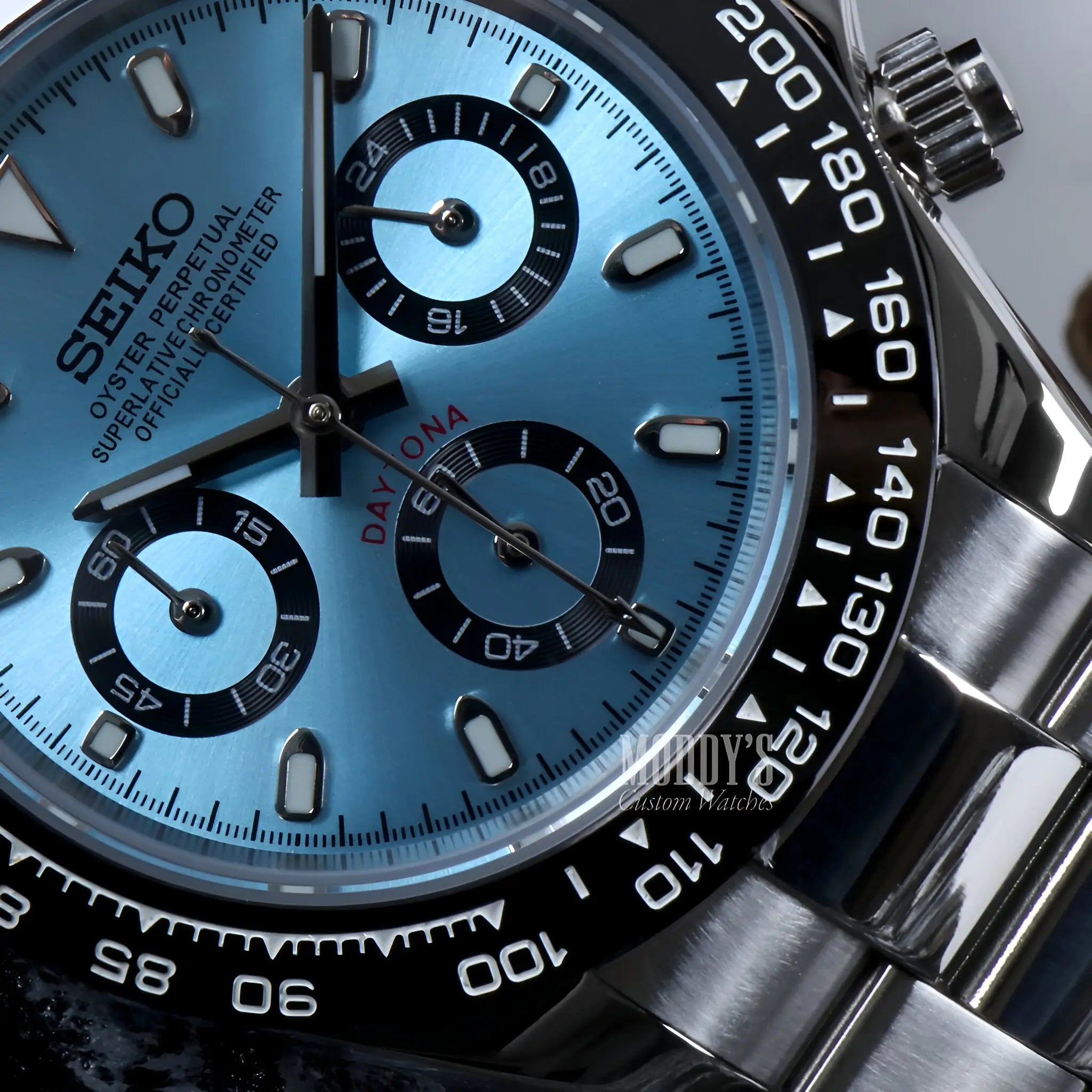 Seiko VK63 Hybrid mod Daytona with ice blue dial and black bezel