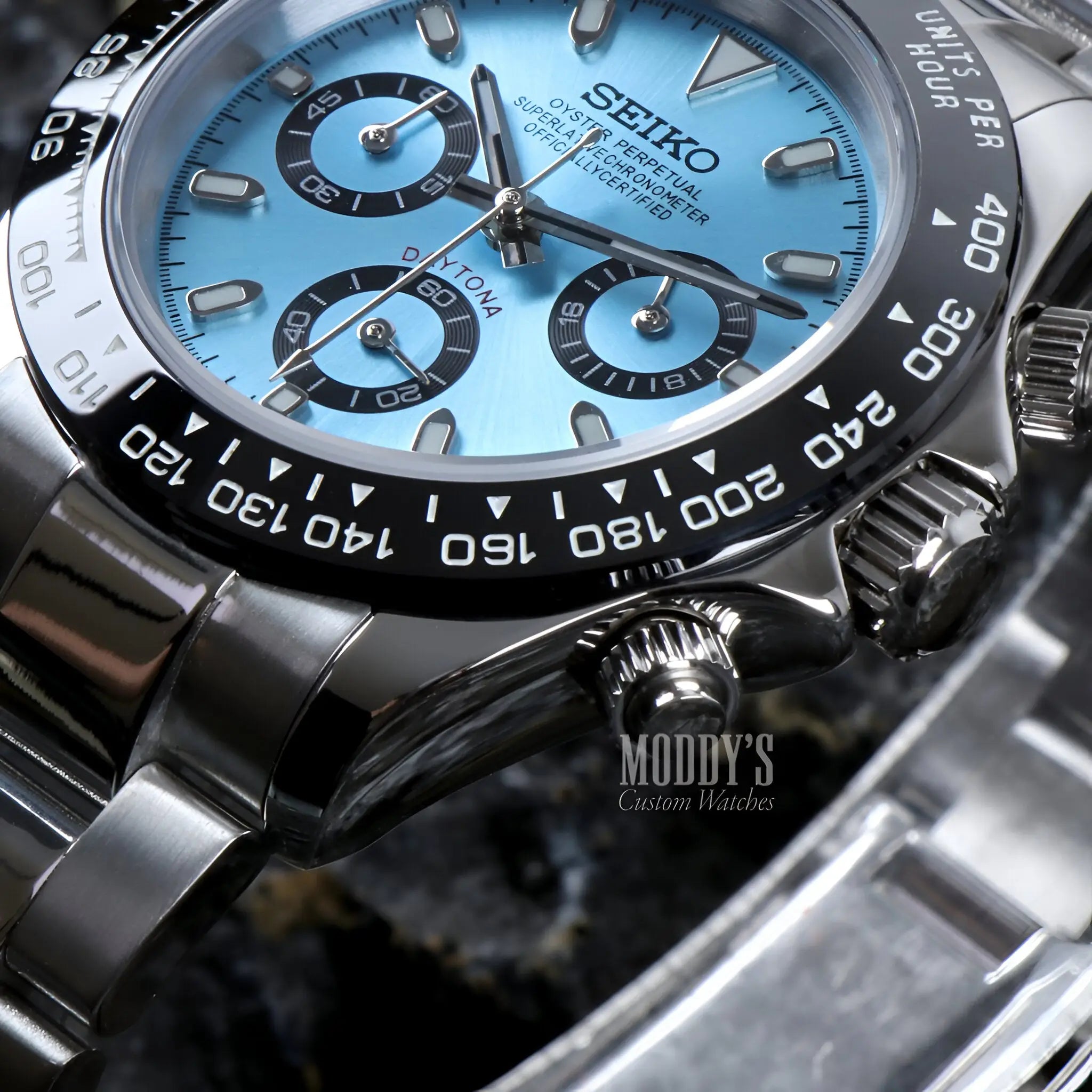 Seiko VK63 hybrid mod Daytona with ice blue dial and black accents
