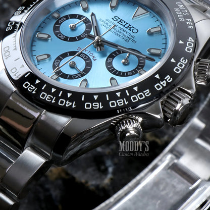 Seiko VK63 hybrid mod Daytona with ice blue dial and black accents