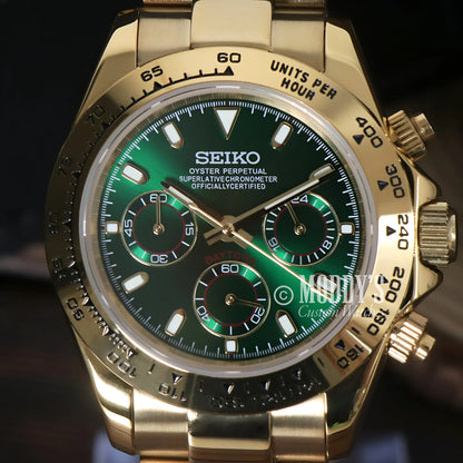 Gold Seiko VK63 Hybrid Mod Daytona watch with green face