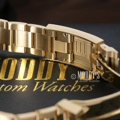 Seiko mod Daytona with gold Rolex watch band in Seitona Gold-Green