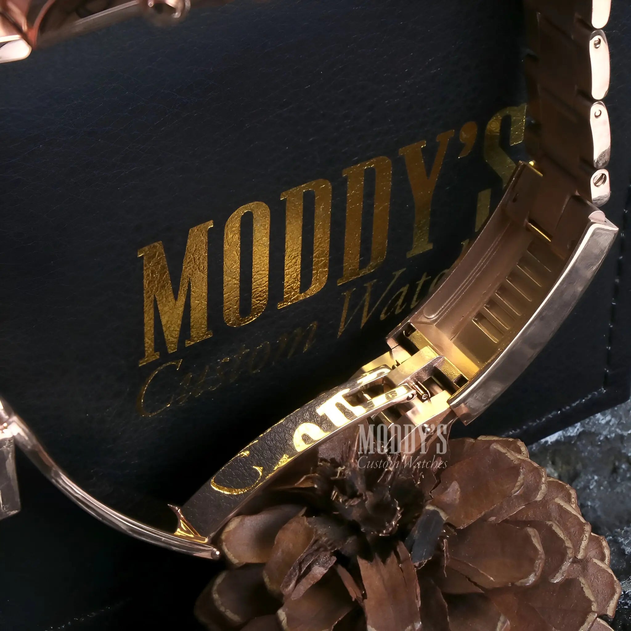 Seiko mod Daytona rose gold rainbow watch with black face, leather strap