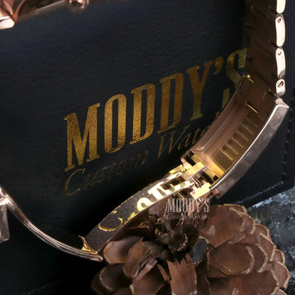 Seiko mod Daytona rose gold rainbow watch with black face, leather strap