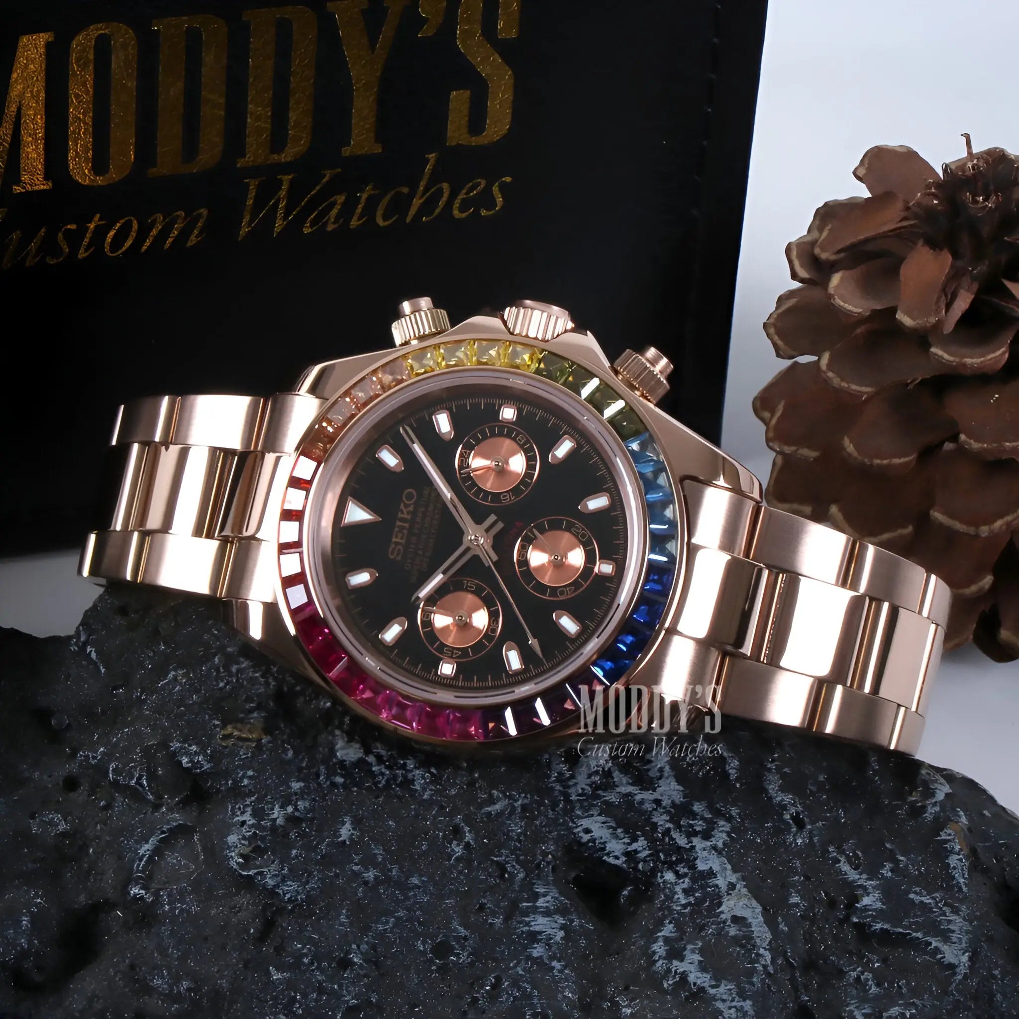 Seiko mod Daytona with rose gold rainbow bezel and VK63 hybrid movement