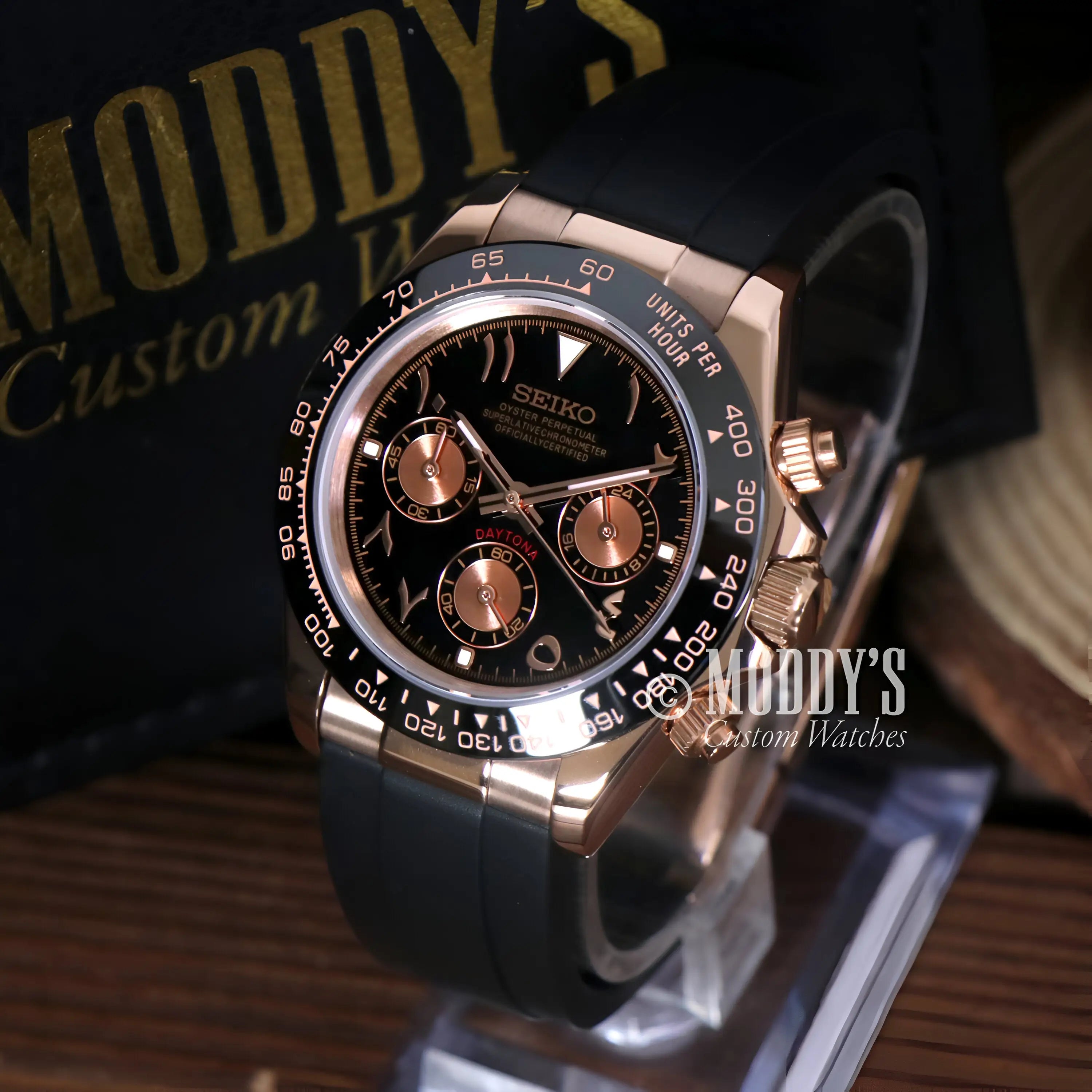 Seiko VK63 hybrid mod Daytona chronograph in Arabic rose gold with black rubber strap