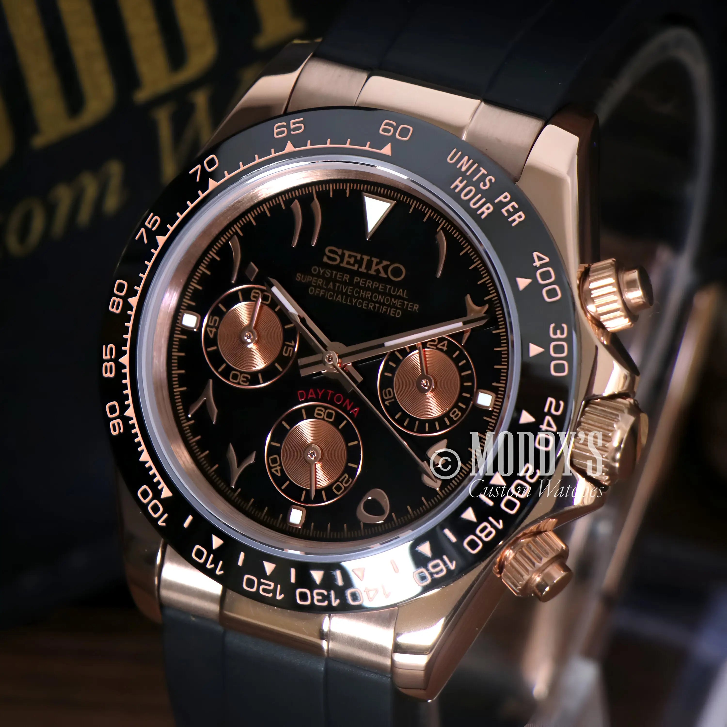 Seiko VK63 hybrid mod Daytona watch with black dial, rose gold accents