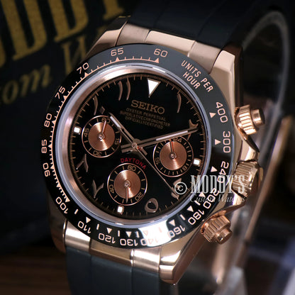 Seiko VK63 hybrid mod Daytona watch with black dial, rose gold accents