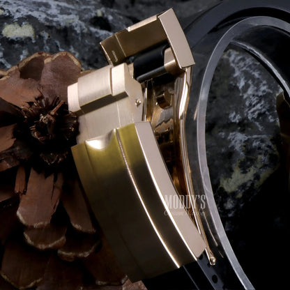 Seitona Rose Gold watch with black leather strap and silver buckle