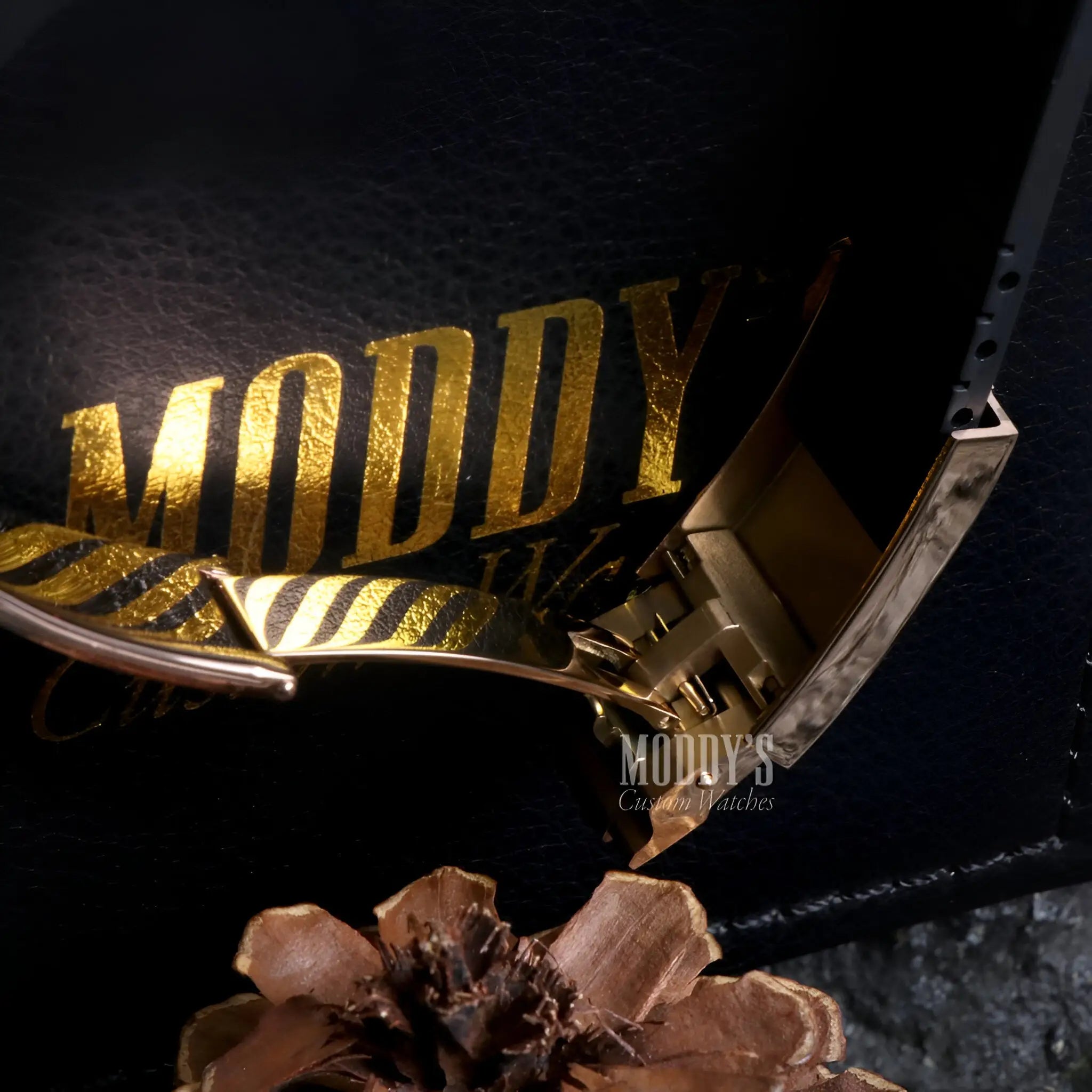 Seitona Rose Gold watch: gold black leather floral design Seiko mod Daytona