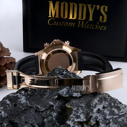 Seiko mod Daytona rose gold luxury watch with black rubber strap