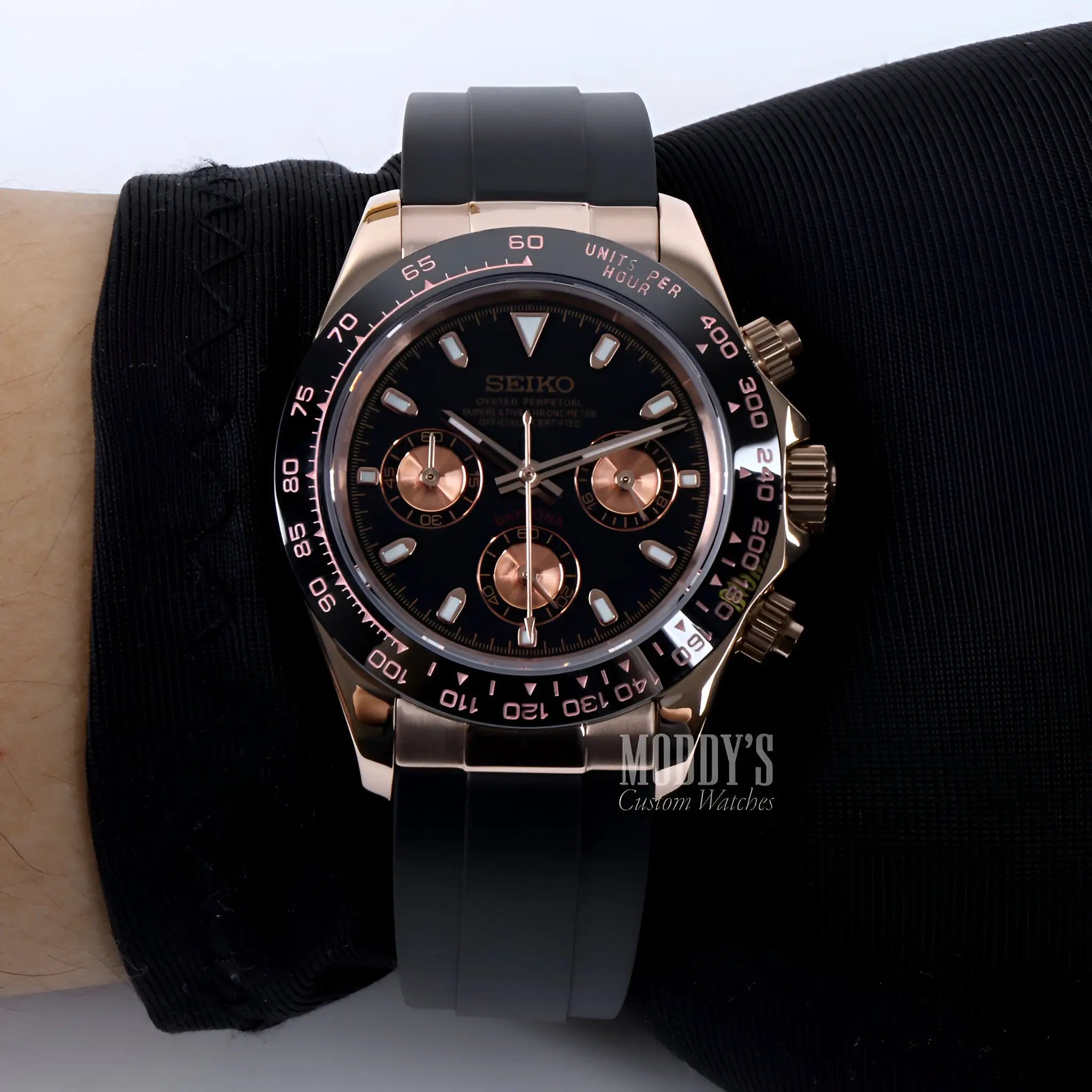 Rose gold Seiko VK63 hybrid chronograph watch with black dial