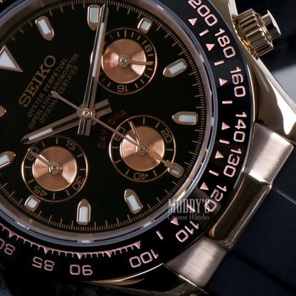 Seiko VK63 hybrid mod Daytona watch in rose gold with rubber strap