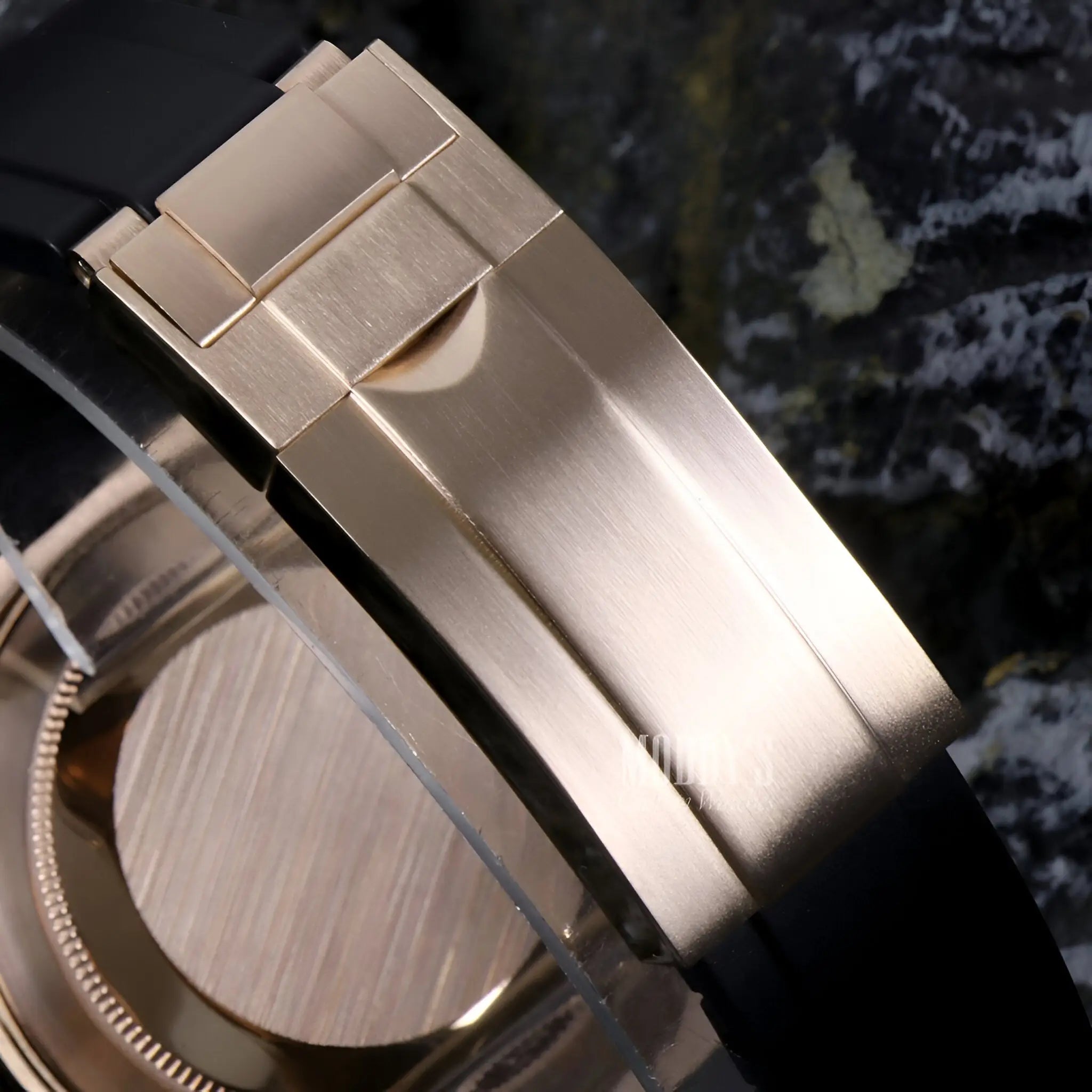 Seiko VK63 hybrid rose gold rectangular watch band with silver buckle