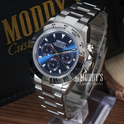 Seiko VK63 hybrid mod Daytona watch with blue dial and silver bracelet