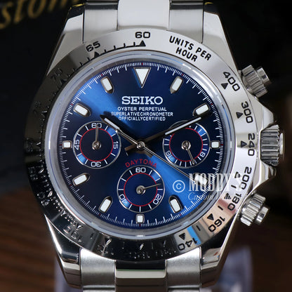 Seiko VK63 hybrid mod Daytona with blue dial and anti-reflective treatment