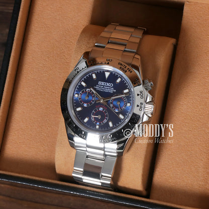 Seiko VK63 Hybrid Mod Daytona Silver Chronograph with Blue Dial