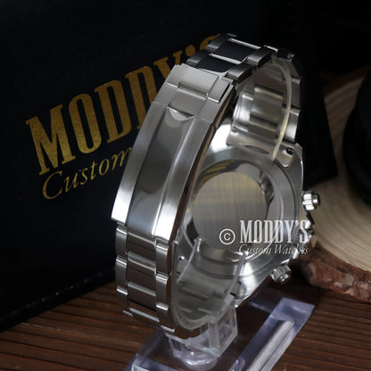 Seiko VK63 hybrid mod Daytona silver stainless steel watch band with blue dial and anti-reflective treatment