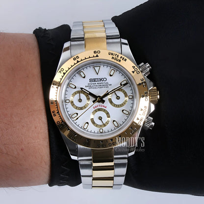 Seiko VK63 hybrid mod Daytona chronograph in two-tone gold silver with white dial