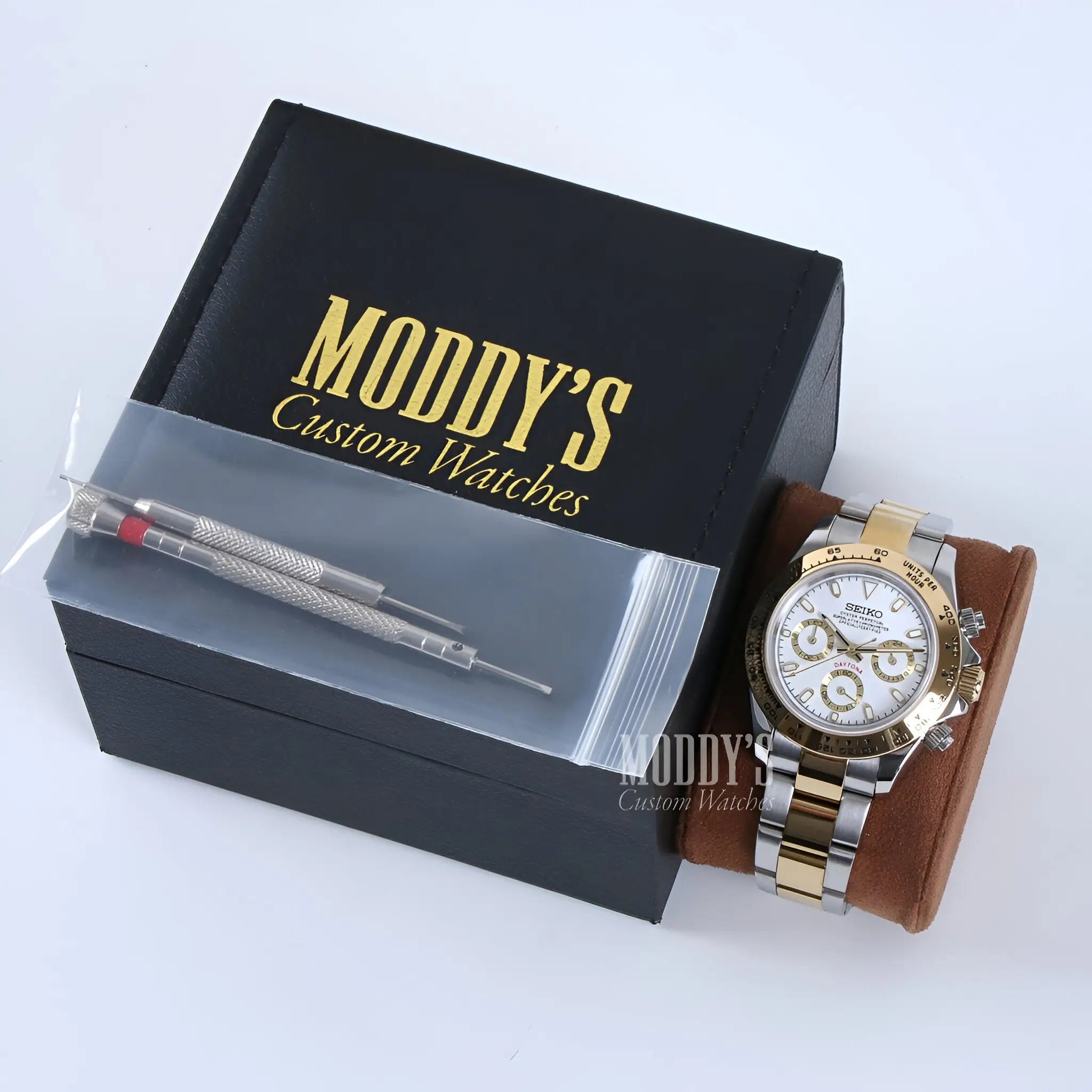 Seiko mod Daytona Seitona silver-gold chronograph with VK63 hybrid movement