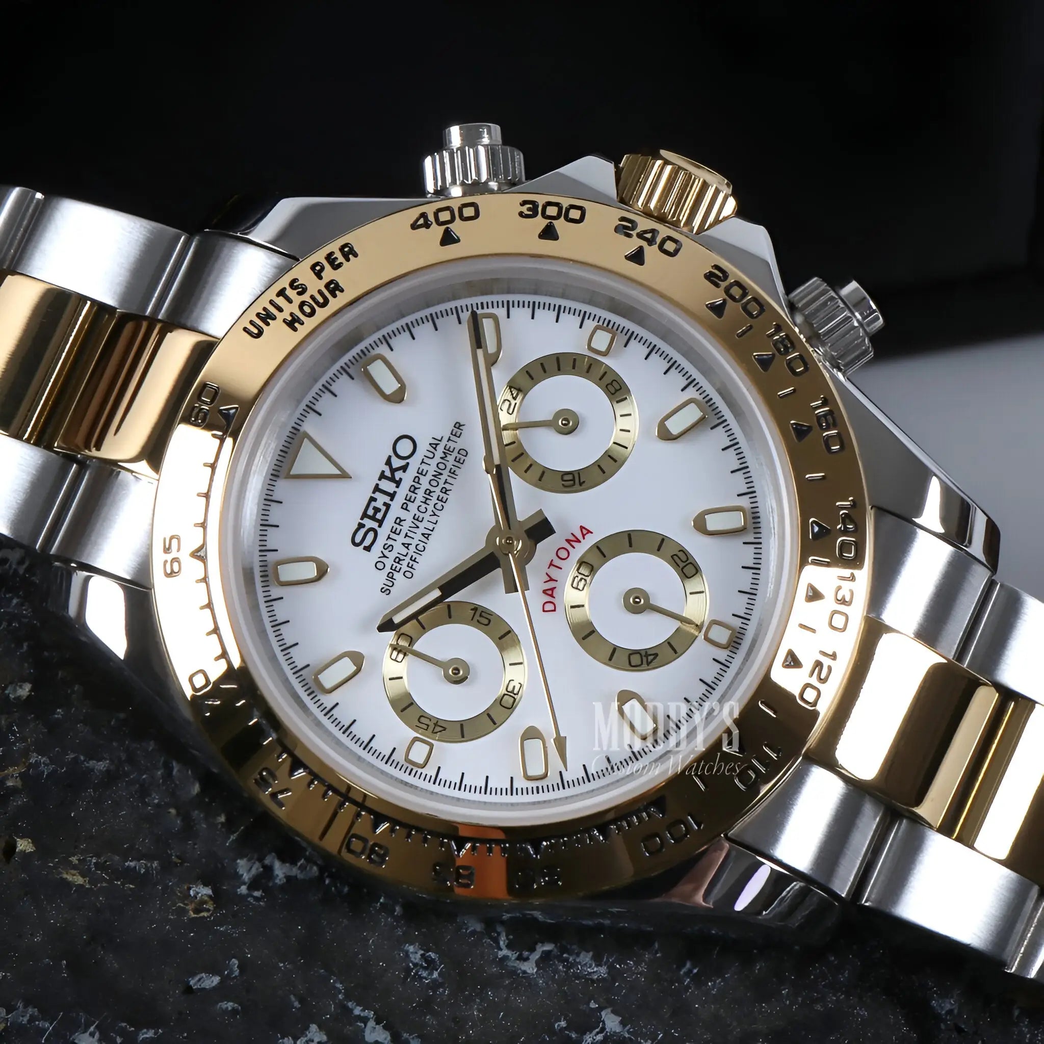 Seiko VK63 hybrid mod Daytona chronograph watch in two-tone gold silver with white dial