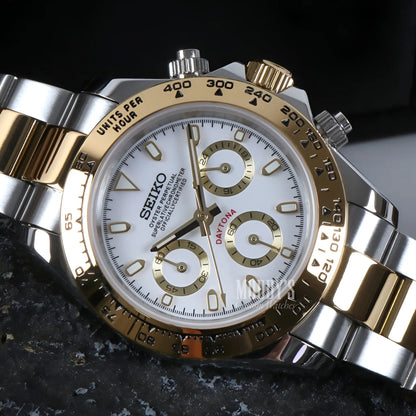 Seiko VK63 hybrid mod Daytona chronograph watch in two-tone gold silver with white dial