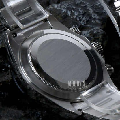 Seiko mod Daytona silver stainless steel watch with transparent crystal face