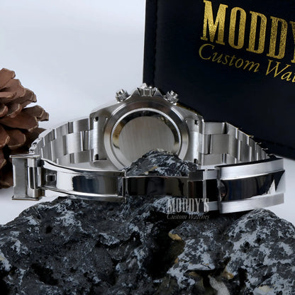 Seiko mod Daytona: silver stainless steel watch with black ceramic bezel