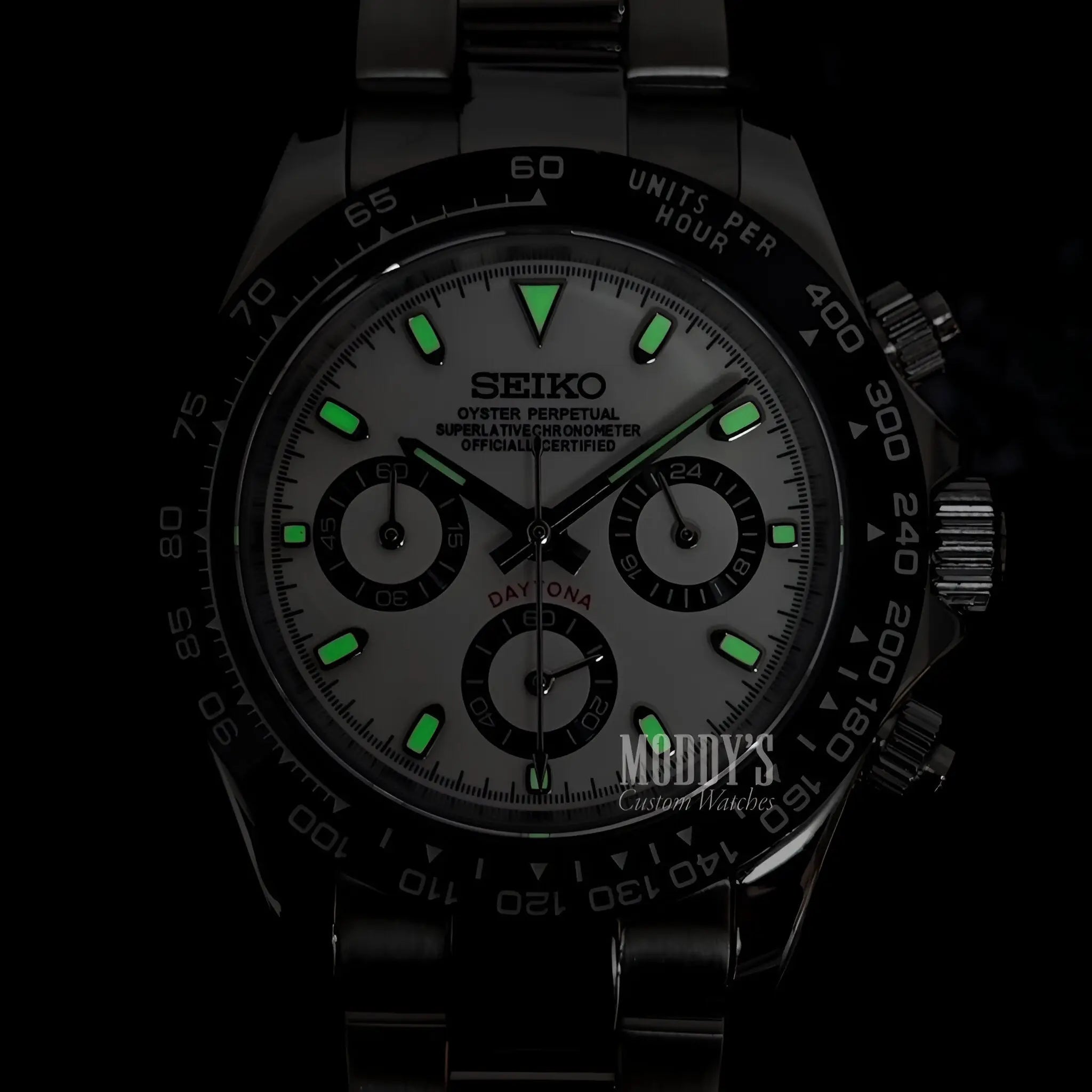 Seiko mod Daytona VK63 hybrid with black dial, green luminous markers