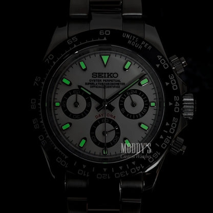 Seiko mod Daytona VK63 hybrid with black dial, green luminous markers