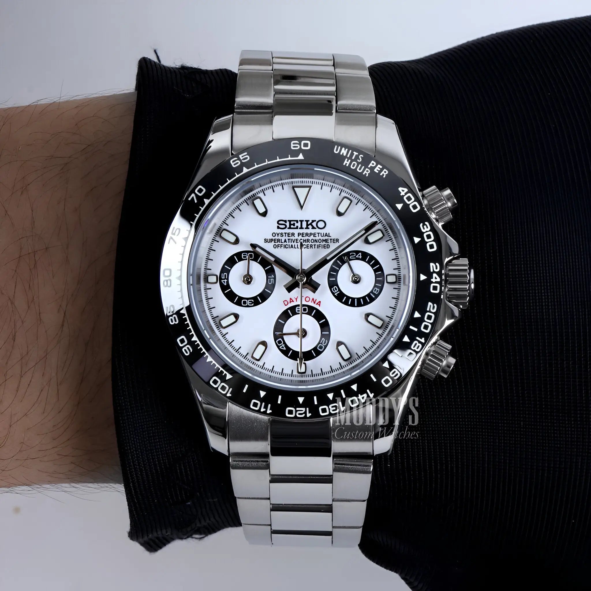 Seiko VK63 hybrid mod Daytona panda chronograph watch